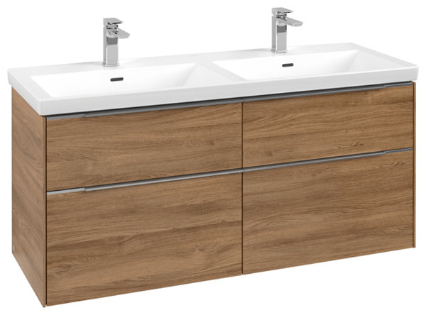 Villeroy & Boch Subway 3.0, Waschbeckenunterschrank, mit LED Bodenbeleutchung 1272x576x478 mm, 4 Auszüge, C568L2, Farbe: Front/Korpus: Kansas Oak, Griff: Aluminium glänzend von Villeroy und Boch AG