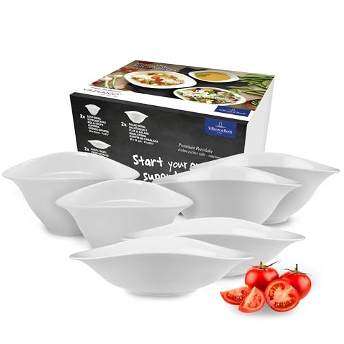 Villeroy & Boch - Vapiano Schalen-Trio 6 teilig weiß, Spülmaschinenfest, Mikrowellensicher, Geschirrset, Pastaschalen, Salatschalen, Suppenschalen, Keramik Schalen, Schüsseln Tief, Premium Porzellan von Villeroy & Boch