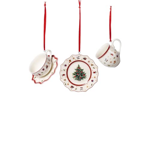 Villeroy und Boch Toy's Delight Decoration Ornamente Geschirrset 3tlg., Ornamente zum Hängen, Premium Porzellan, Tex tilien, Metall, weiß, rot, 6,3 cm von Villeroy & Boch