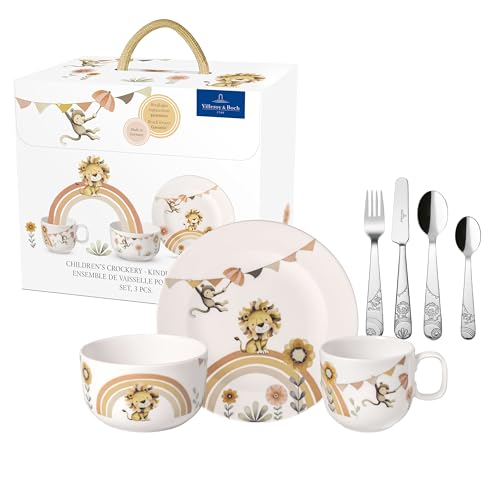 Villeroy & Boch - Boho Kids "Roar Like A Lion" Kindergeschirr Set 7Tlg., Kindergeschirr Porzellan Und Edelstahl Besteck, Geschirrset Für Kinder, Spülmaschinenfest, Mikrowellensicher, Mehrfarbig von Villeroy & Boch