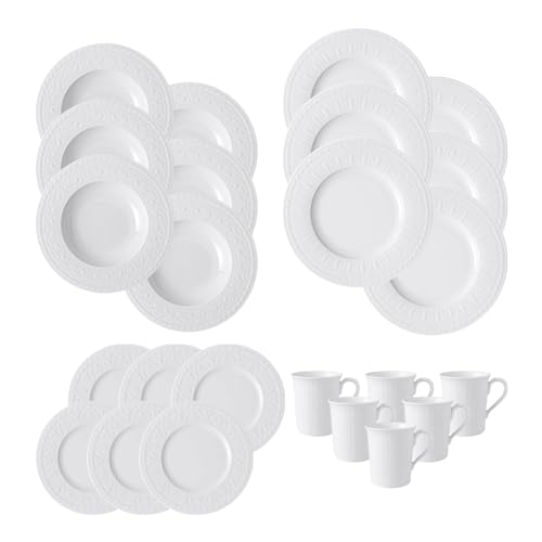 Villeroy & Boch Cellini Geschirr-Set 24-teilig, jeweils 6 Speiseteller Brotteller Suppenteller und Kaffeebecher, Traditionelles Kombiservice mit Relief-Verzierungen, Premium Porzellan, Weiß von Villeroy & Boch