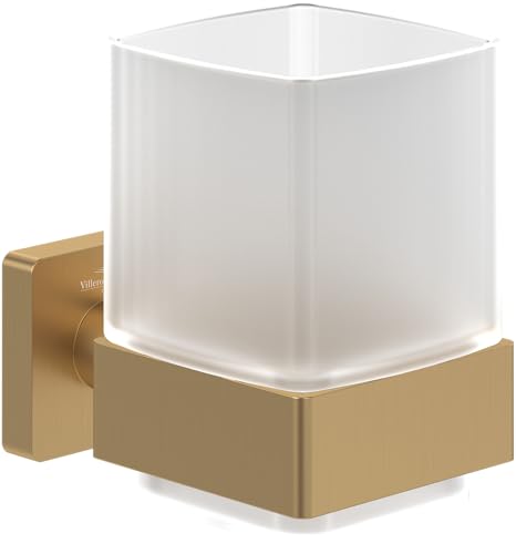 Villeroy & Boch Elements - Striking Glashalter, Zahnbürstenhalter für Wandmontage, Zahnputzbecher aus satiniertem Glas mit Halterung aus Messing, eckig, Brushed Gold von Villeroy & Boch
