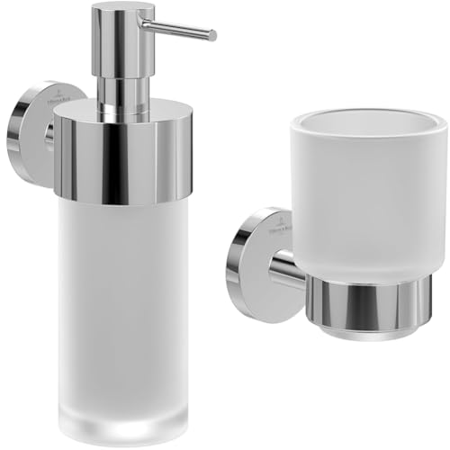 Villeroy & Boch Elements - Tender Accessoire-Set (2 in 1 Bundle), Seifenspender Füllmenge 230ml und Glashalter, Chrom von Villeroy & Boch