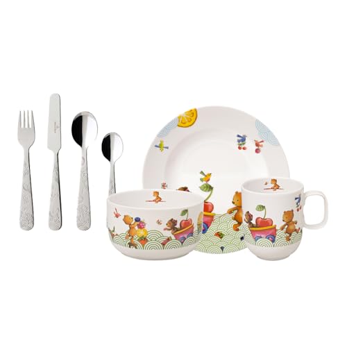 Villeroy & Boch – Hungry as a Bear Set mit Kinderbesteck und Kindergeschirr 7 teilig, spülmaschinenfest, mikrowellensicher, Kinderteller, Kindertasse, Besteckset Kinder, Premium Porzellan/Edelstahl von Villeroy & Boch