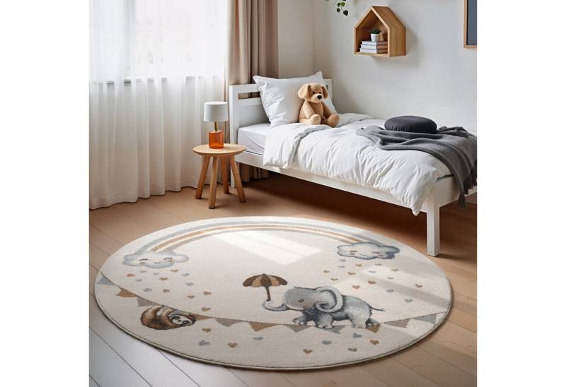 Villeroy & Boch Kinderteppich Walk like an Elephant Rainbow Teppich, rund, Höhe: 9 mm, Spielteppich weich, Kinderzimmer, Boho Kids Spielunterlage, Tieremotiv von Villeroy & Boch
