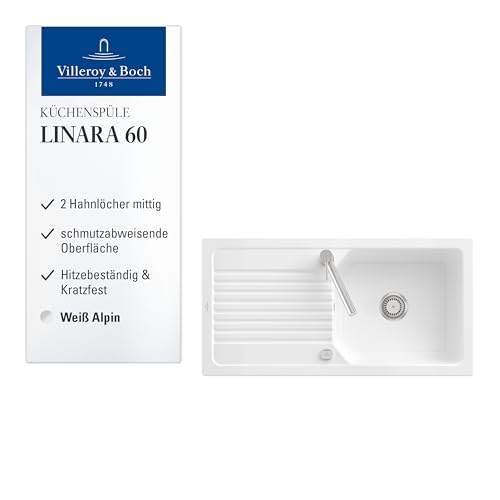 Villeroy & Boch Linara 60 Küchenspüle, Spülbecken mit zwei Hahnlöchern, Spüle inkl. Ablaufgarnitur mit Excenterbetätigung, Einbauspüle aus TitanCeram, 1000 x 510 mm, Weiß Alpin CeramicPlus von Villeroy & Boch