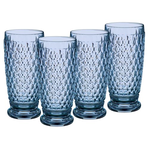 Villeroy & Boch Longdrinkgläser Boston Coloured, Blue, 4er Set, 400 ml, Farbige Trinkgläser mit Facettenmuster, Kristallglas, Spülmaschinengeeignet von Villeroy & Boch