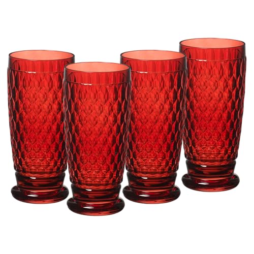 Villeroy & Boch Longdrinkgläser Boston Coloured, Red, 4er Set, 400 ml, Farbige Trinkgläser mit Facettenmuster, Kristallglas, Spülmaschinengeeignet von Villeroy & Boch