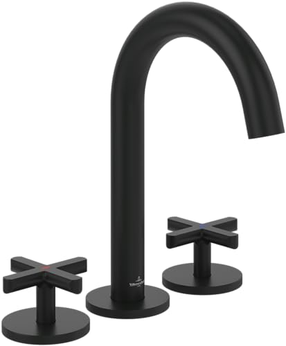 Villeroy & Boch Loop & Friends Dreiloch-Waschtischarmatur ohne Ablaufgarnitur, Wasserhahn Bad mit Keramikkartusche, Waschbeckenarmatur wassersparend, Auslauf Höhe 144mm, rund, Matt Black Villeroy & Boch Loop & Friends Dreiloch-Waschtischarmatur ohne Ablaufgarnitur, Wasserhahn Bad mit Keramikkartusche, Waschbeckenarmatur wassersparend, Auslauf Höhe 144mm, rund, Matt Black von Villeroy & Boch