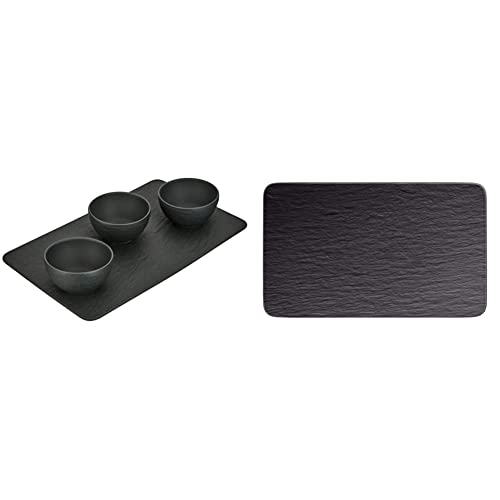 Villeroy und Boch - Manufacture Rock Set Dipschälchen 4tlg, & Villeroy und Boch - Manufacture Rock Multifunkionsteller rechteckig, moderner Speiseteller aus Premium Porzellan, schwarz von Villeroy & Boch