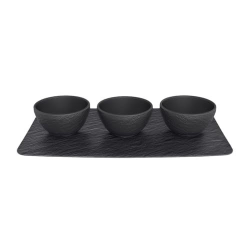 Villeroy & Boch – Manufacture Rock Dipschälchen Set 4 Teilig Schwarz Matt, Spülmaschinenfest, Mikrowellensicher, Servierplatte, Schalen, Schälchen, Dipschalen, Serviergeschirr, Porzellan Schieferoptik von Villeroy & Boch