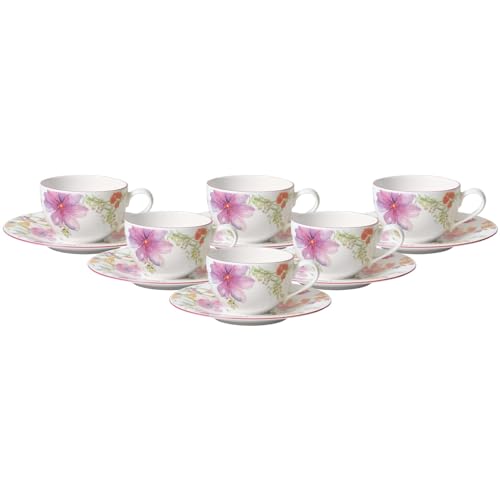 Villeroy & Boch Mariefleur Basic Kaffeetasse mit Untertasse, 250 ml, Kaffee-Set mit floralem Blumen-Dekor, Premium Porzellan, 6er Set von Villeroy & Boch