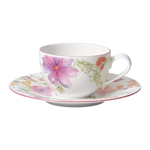 Villeroy & Boch Mariefleur Basic Kaffeetasse mit Untertasse, 250 ml, Kaffee-Set mit floralem Blumen-Dekor, Premium Porzellan von Villeroy & Boch