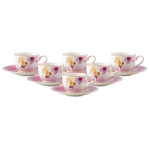 Villeroy & Boch Mariefleur Basic Mokka- / Espressotasse mit Untertasse, 80 ml, Espresso-Set mit floralem Blumen-Dekor, Premium Porzellan, 6er Set von Villeroy & Boch