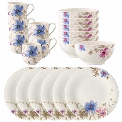 Villeroy & Boch Mariefleur Gris Basic Frühstücks-Set 18 tlg. | Kaffeebecher (260 ml), Bol (500 ml), Frühstücksteller (21,5 cm) für 6 Personen | Premium Porzellan mit Blumen-Dekor | Weiß/Bunt von Villeroy & Boch