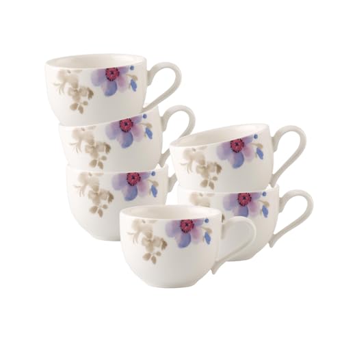Villeroy & Boch Mariefleur Gris Basic Mokka-/Espressotassen 6er Set, 80 ml, Kleine Tassen mit Blumen-Dekor, Premium Porzellan, Weiß/Bunt von Villeroy & Boch