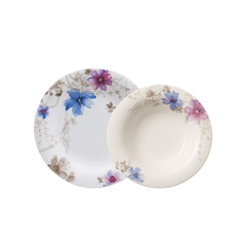 Villeroy und Boch - Mariefleur Gris Basic Tafel-Set, 12 tlg., Premium Porzellan, spülmaschinen-, mikrowellengeeignet, weiß/bunt von Villeroy & Boch