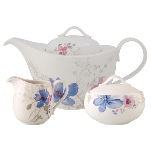 Villeroy & Boch Mariefleur Gris Basic Teezubehör-Set 3-teilig | Teekanne (1,2 l), Milchkännchen (270 ml) und Zuckerdose (370 ml) | Serviergeschirr mit Blumen-Dekor | Premium Porzellan | Weiß/Bunt von Villeroy & Boch