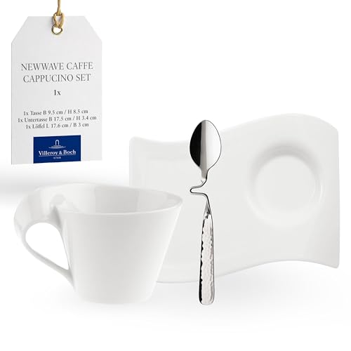 Villeroy & Boch – Newwave Caffè Cappuccino Tassen Set, Spülmaschinenfest, Mikrowellensicher, Cappuccinotassen, Kaffee Geschirr Set, Tasse, Untertasse, Löffel, Premium Porzellan, Edelstahl von Villeroy & Boch