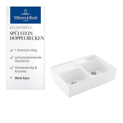 Villeroy & Boch Spülstein Doppelbecken, Küchenspüle mit einem Hahnloch, Spüle inkl. Ablaufgarnitur mit Handbetätigung, Spülbecken aus Keramik, 895 x 630 mm, Weiß Alpin CeramicPlus von Villeroy & Boch
