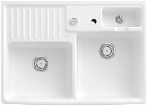 Villeroy & Boch Spülstein Doppelbecken, inklusive Ablaufgarnitur mit Excenterbetätigung, aus Keramik, 895 x 630 mm, Stone White CeramicPlus von Villeroy & Boch