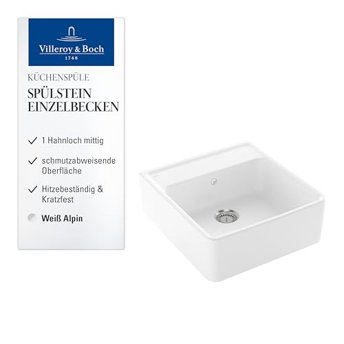 Villeroy & Boch Spülstein Einzelbecken, Küchenspüle mit einem Hahnloch, Spüle inkl. Ablaufgarnitur mit Handbetätigung, Spülbecken aus Keramik, 595 x 630 mm, Weiß Alpin CeramicPlus von Villeroy & Boch