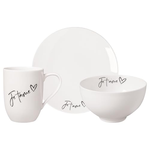 Villeroy & Boch Statement Frühstücks-Set 3-teilig | Je t'aime | Geschirr-Set für eine Person: Henkelbecher (290 ml), Frühstücksteller (21 cm) und Müslischale (14 cm) | Premium Porzellan | Weiß von Villeroy & Boch