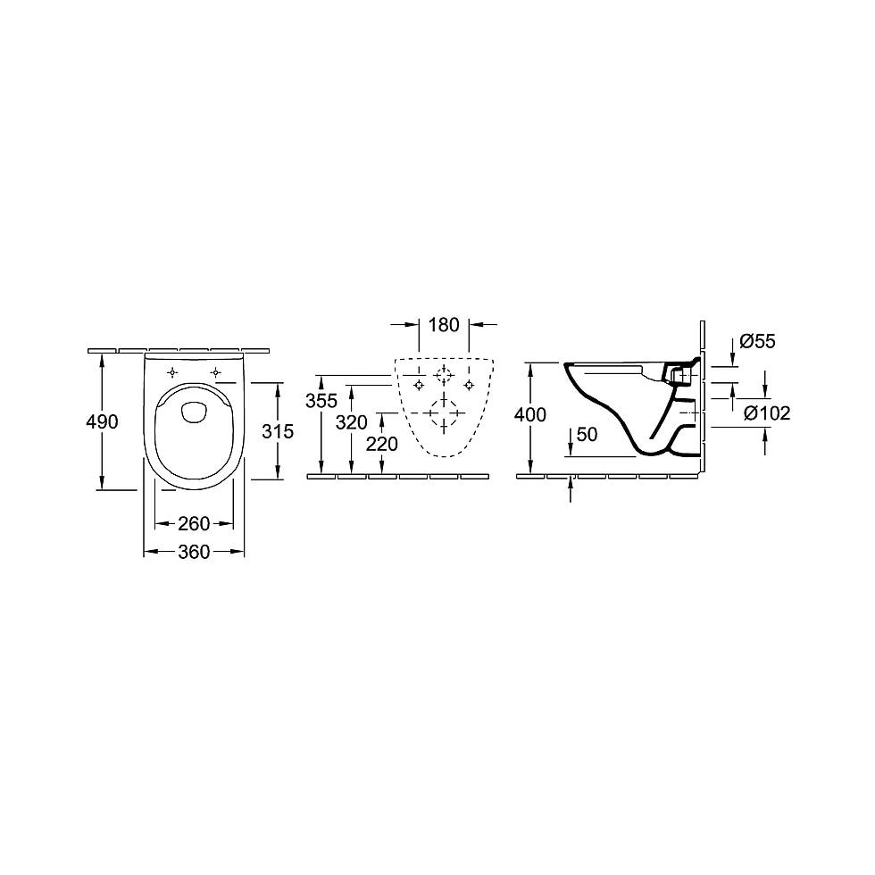 Villeroy & Boch Tiefspül-WC spülrandlos O.novo 360x490x350 Oval wandhängend Abg. waagerecht Direct-Flush Weiß Alpin CeramicPlus 5688R0R1 von Villeroy & Boch