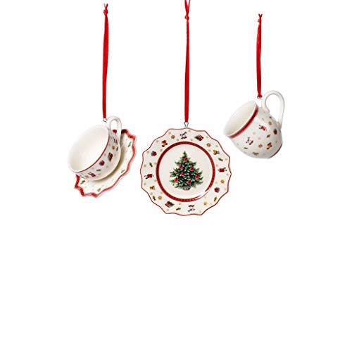 Villeroy und Boch Toy's Delight Decoration Ornamente Geschirrset 3tlg., Ornamente zum Hängen, Premium Porzellan, Tex tilien, Metall, weiß, rot, 6,3 cm von Villeroy & Boch