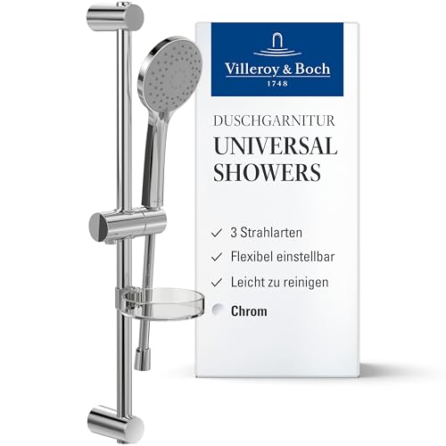 Villeroy & Boch Universal Showers Duschgarnitur – Duschstange und Handbrause mit 3 Strahlarten – Flexibler Handbrausehalter – Kalkabweisend – leicht montierbares Duschsystem – Chrom von Villeroy & Boch