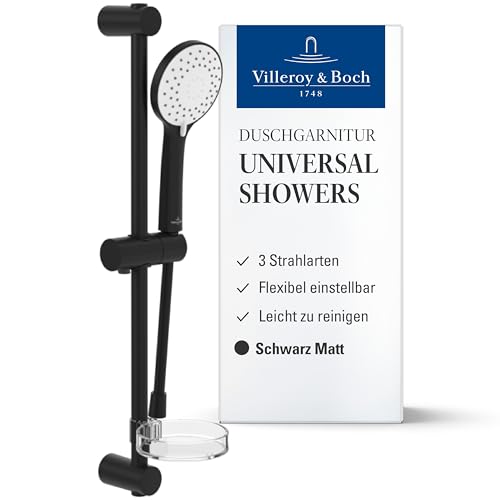 Villeroy & Boch Universal Showers Duschgarnitur – Duschstange und Handbrause mit 3 Strahlarten – Flexibler Handbrausehalter – Kalkabweisend – leicht montierbares Duschsystem – Matt Schwarz von Villeroy & Boch