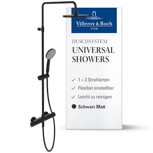 Villeroy & Boch Universal Showers Duschsystem – Regendusche mit Thermostat und Handbrause – 3 Strahlarten – Flexibler Handbrausehalter – Pflegeleichtes, leicht montierbares Duschsystem – Matt Black von Villeroy & Boch