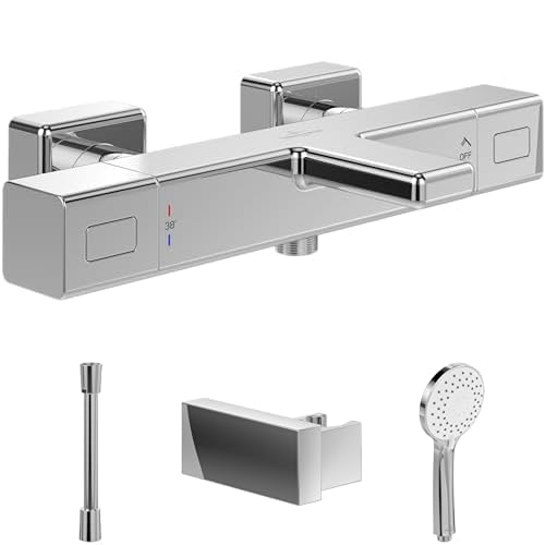Villeroy & Boch Universal Taps & Fittings Badewannenarmaturen-Set Aufputz (4 in 1 Bundle), Wannenarmatur inkl. Thermostat (eckig), Handbrause, Handbrauseschlauch und Handbrausehalter, Chrom von Villeroy & Boch