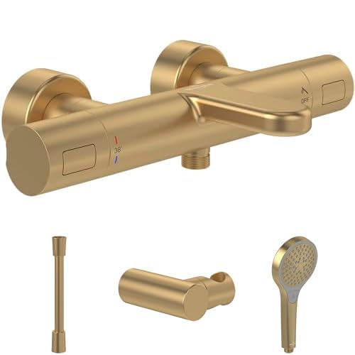 Villeroy & Boch Universal Taps & Fittings Badewannenarmaturen-Set Aufputz (4 in 1 Bundle), Wannenarmatur inkl. Thermostat (rund), Handbrause, Handbrauseschlauch und Handbrausehalter, Brushed Gold von Villeroy & Boch