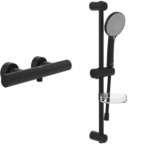 Villeroy & Boch Universal Taps & Fittings Duschset Aufputz (2 in 1 Bundle), Duschsystem mit Duschthermostat, Handbrause, Handbrauseschlauch, Duschstange inkl. Handbrausehalter, Matt Black von Villeroy & Boch