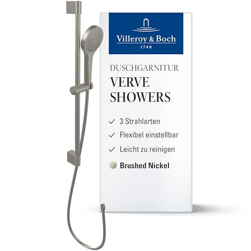 Villeroy & Boch Verve Showers Duschgarnitur – Duschset mit verstellbarer Handbrausehalterung – Handbrause mit 3 Strahlarten – Pflegeleichtes, leicht montierbares Duschsystem – Brushed Nickel Matt von Villeroy & Boch