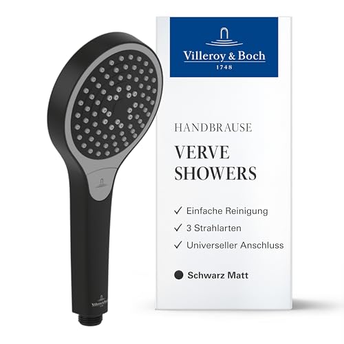 Villeroy & Boch Verve Showers Duschkopf, Handbrause mit 3 Strahlarten auf Knopfdruck wechselbar, EasyClean, Wassersparend, Universeller Anschluss – Matt Black von Villeroy & Boch