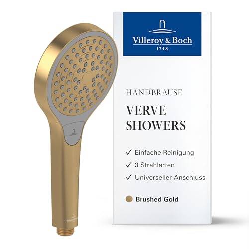 Villeroy & Boch Verve Showers Duschkopf, Handbrause mit 3 Strahlarten per Knopfdruck, EasyClean, Wassersparend, Universeller Anschluss – Brushed Gold von Villeroy & Boch