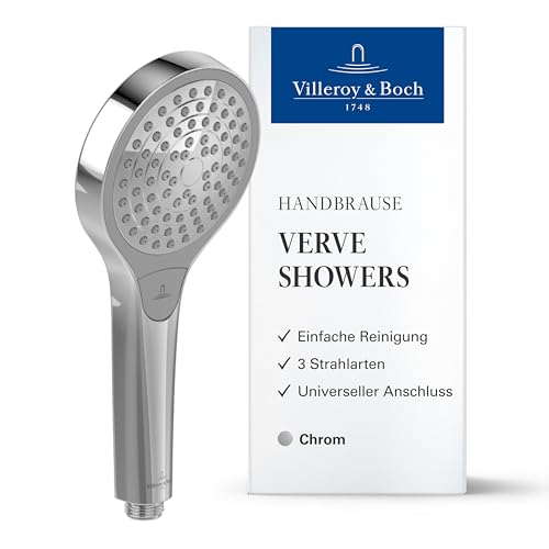 Villeroy & Boch Verve Showers Duschkopf, Handbrause mit 3 Strahlarten auf Knopfdruck wechselbar, EasyClean, Wassersparend, Universeller Anschluss – Chrom von Villeroy & Boch
