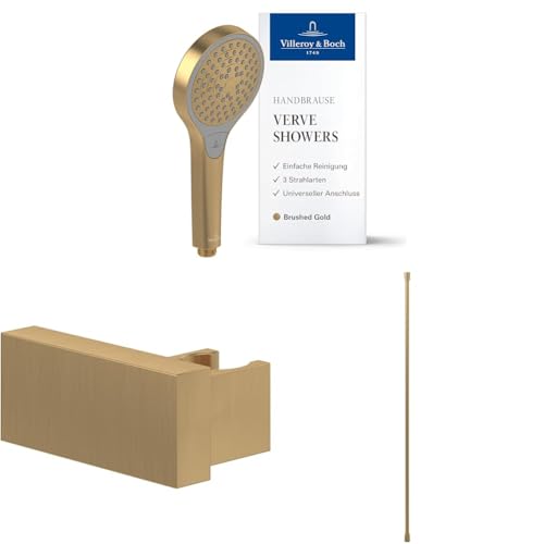 Villeroy & Boch Verve Showers Handbrause-Set (3 in 1 Bundle), Set bestehend aus Handbrause, Handbrausehalter und Handbrauseschlauch 1,60 m, Brushed Gold von Villeroy & Boch