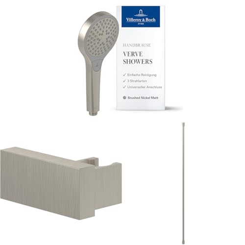 Villeroy & Boch Verve Showers Handbrause-Set (3 in 1 Bundle), Set bestehend aus Handbrause, Handbrausehalter und Handbrauseschlauch 1,60 m, Brushed Nickel Matt von Villeroy & Boch
