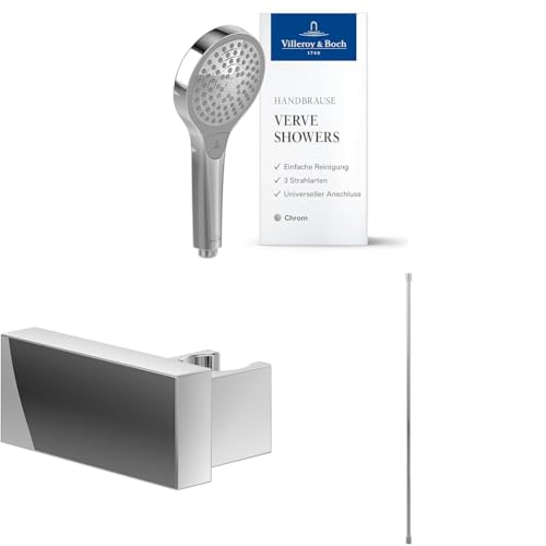 Villeroy & Boch Verve Showers Handbrause-Set (3 in 1 Bundle), Set bestehend aus Handbrause, Handbrausehalter und Handbrauseschlauch 1,60 m, Chrom von Villeroy & Boch