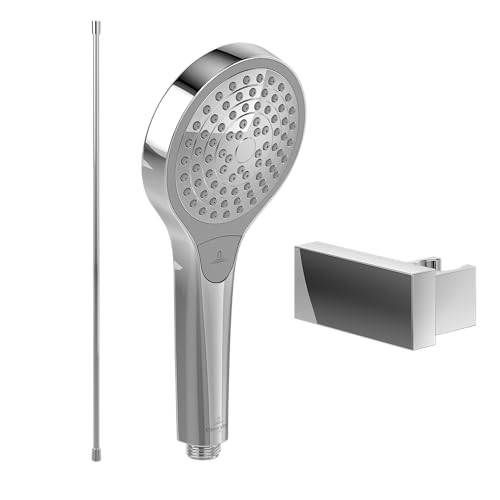 Villeroy & Boch Verve Showers Handbrause-Set (3 in 1 Bundle), bestehend aus Duschkopf inkl. Handbrausehalter (eckig) und Handbrauseschlauch 1,60m, Chrom von Villeroy & Boch