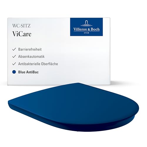 Villeroy & Boch WC-Sitz ViCare barrierefrei Blue AntiBac - mit Absenkautomatik - Abnehmbarer, bruchsicherer Toilettensitz aus Duroplast - Antibakterieller Klodeckel D-Form - Original Ersatzteil von Villeroy & Boch