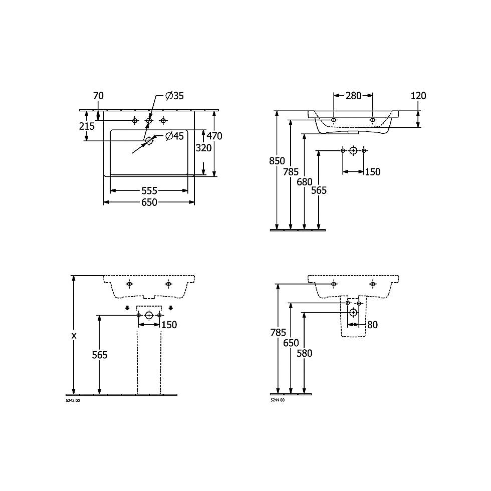 Villeroy & Boch Waschbecken Subway 3.0 650x470mm Rechteck 1 Hahnloch mit Überlauf Weiß Alpin 4A706501 von Villeroy & Boch