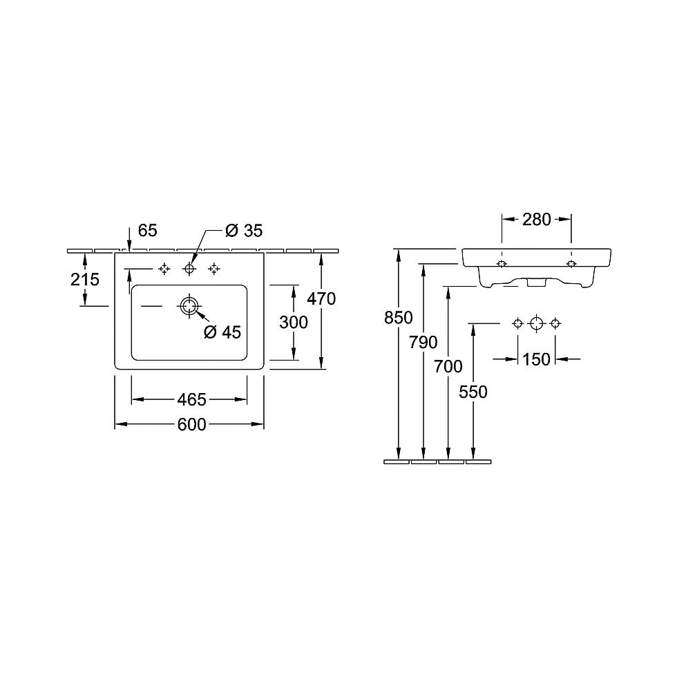 Villeroy & Boch Waschtisch Subway 2.0 600x470mm rechteckig 1 Hahnloch mit Überlauf geschliffen Weiß Alpin 71136G01 von Villeroy & Boch