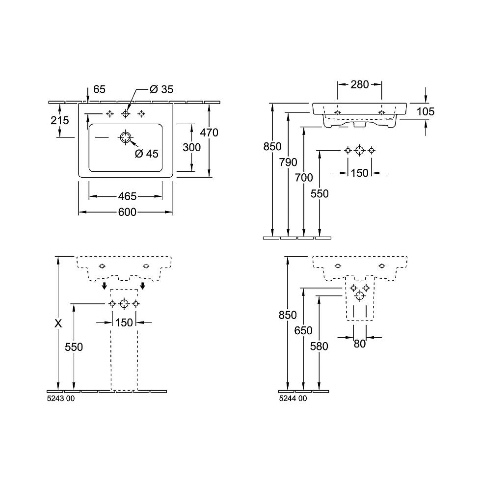 Villeroy & Boch Waschtisch Subway 2.0 711360 600x470mm rechteckig 1 Hahnloch mit Überlauf Weiß Alpin CeramicPlus 711360R1 von Villeroy & Boch