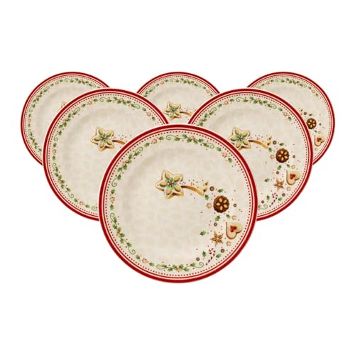 Villeroy & Boch Winter Bakery Delight Frühstücksteller Sternschnuppe 6er Set, 21,5 cm, Dessertteller mit bunten Weihnachtsmotiven, Premium Porzellan, Weiß/Rot/Beige von Villeroy & Boch