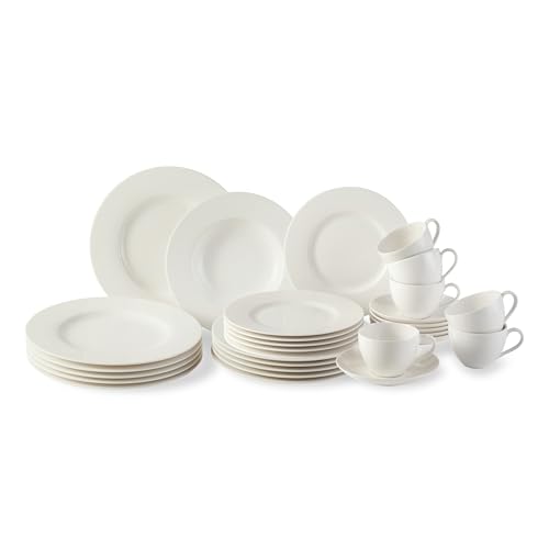 vivo by Villeroy & Boch – Basic White Kombiservice 30 Teilig, Spülmaschinenfest, Mikrowellensicher, Tafelservice Weiß, Geschirrset, Kaffeeservice, Keramik, Teller, Tassen, Premium Porzellan von Villeroy & Boch