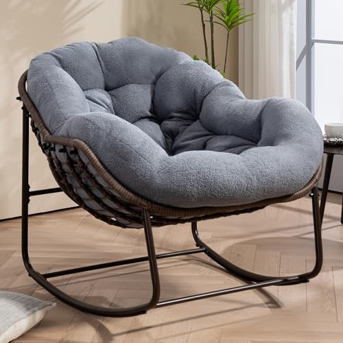 Villeston Outdoor Patio Schaukelstühle, Überdimensionierter Papasan-Schaukelstuhl für den Innenbereich mit Gepolstertem Teddy-Stoffkissen - Ei-Schaukelstuhl für Wohnzimmer, Veranda, Garten, Terrasse von Villeston